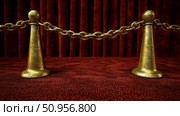 A luxurious golden chain barrier on a red carpet in front of velvet curtains, symbolizing exclusivity and VIP access for a grand event or premiere. Стоковое AI-изображение, AI-художник Данила Большаков / Фотобанк Лори