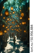 An enchanting fantasy market street filled with glowing spherical lanterns illuminating a bustling pathway where diverse figures gather beneath a canopy of lush green foliage, perfect for a whimsical. Стоковое AI-изображение, AI-художник Данила Большаков / Фотобанк Лори