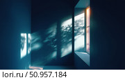 Sunlight streaming through a window casts shadows in a minimalist room during evening hours. Стоковое AI-изображение, AI-художник Сергей Толмачёв / Фотобанк Лори