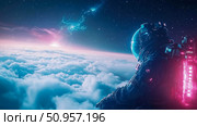 An intrepid astronaut floating in deep space, observing a radiant celestial body and Earth's luminous cloud blanket, a concept art for cosmic exploration. Стоковое AI-изображение, AI-художник Данила Большаков / Фотобанк Лори