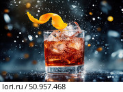 A dynamic capture showcases a deconstructed Negroni cocktail in swirling motion. The vibrant Campari, gin, and vermouth blend highlights the artistic essence of modern mixology. Стоковое AI-изображение, AI-художник Nart / Фотобанк Лори