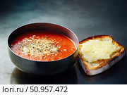 A tarnished silver bowl cradles smoky tomato soup, its rich red hue softly illuminated. The dark, atmospheric setup evokes a sense of elegance and culinary artistry. Стоковое AI-изображение, AI-художник Nart / Фотобанк Лори