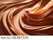 A close-up view of thick, molten milk chocolate reveals slow-moving waves with entrapped air bubbles. The luxurious, creamy texture captivates chocolate enthusiasts, showcasing its rich, decadent allure. Стоковое AI-изображение, AI-художник Nart / Фотобанк Лори