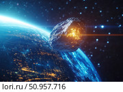 A massive asteroid hurtles towards Earth from a stunning space vantage point. This breathtaking yet terrifying scene captures the imminent danger of a cosmic collision with our planet. Стоковое AI-изображение, AI-художник Nart / Фотобанк Лори