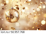 A golden disco ball shines brightly surrounded by floating confetti and warm light orbs. The scene exudes a festive, elegant atmosphere perfect for celebrations and glamorous events. Стоковое AI-изображение, AI-художник Nart / Фотобанк Лори