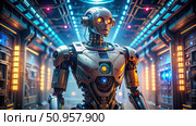 Futuristic Robot Standing In A Sci-Fie Corridor. Generative AI. Стоковое AI-изображение, AI-художник Roman Zavorotny / Фотобанк Лори