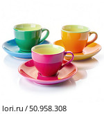 Vibrant Colorful Cups and Saucers on a White Background. Generative AI. Стоковое AI-изображение, AI-художник Roman Zavorotny / Фотобанк Лори
