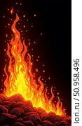 Fire flames and sparks rising from hot coal or rock. Abstract combustion and thermal energy concept for background design. Стоковое AI-изображение, AI-художник Анжелика Самсонова / Фотобанк Лори