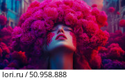 An ethereal portrait of a woman with closed eyes, adorned with an opulent fuchsia floral headpiece, set against a dreamlike, color-drenched expanse, embodying beauty and serenity. Стоковое AI-изображение, AI-художник Данила Большаков / Фотобанк Лори