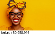 Portrait of a joyful Black woman with a yellow headwrap and glasses, beaming a radiant smile, showcasing her confidence and vibrant cultural spirit. Стоковое AI-изображение, AI-художник Данила Большаков / Фотобанк Лори
