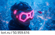 Futuristic explorer with glowing neon goggles overlooking a sprawling cyberpunk city, an advanced urban future concept. Стоковое AI-изображение, AI-художник Данила Большаков / Фотобанк Лори