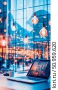 Modern workspace setup with laptop and hanging Edison bulbs, bathed in a serene blue and warm orange glow, reflecting urban evening ambiance. Стоковое AI-изображение, AI-художник Данила Большаков / Фотобанк Лори