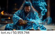 A contemplative male figure in a majestic blue robe playing an ancient stringed instrument, enveloped by ethereal blue mist and warm ambient light, perfect for art prints or meditative ambiance. Стоковое AI-изображение, AI-художник Данила Большаков / Фотобанк Лори