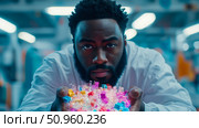 A captivating portrayal of a scientist holding glowing, vibrant, futuristic data structures, symbolizing technological innovation and the digital era's progression. Стоковое AI-изображение, AI-художник Данила Большаков / Фотобанк Лори