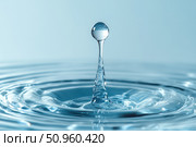 Close-up of a single water droplet captured mid-splash. Clear ripple effect on blue liquid surface. Minimalist style. Clean, pure, and refreshing concept. Studio lighting. Space for text. Banner. Стоковое AI-изображение, AI-художник Евгений Демидюк / Фотобанк Лори