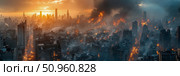 A catastrophic urban landscape ablaze at sunset, with towering structures engulfed in widespread fire and dark smoke, conveying a grim aftermath or impending doom, suitable for a dramatic cinematic c. Стоковое AI-изображение, AI-художник Данила Большаков / Фотобанк Лори