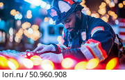 Close-up of a courageous emergency responder wearing a helmet and gloves, intently operating essential equipment amidst vibrant emergency lights at night, showcasing public service dedication and rea. Стоковое AI-изображение, AI-художник Данила Большаков / Фотобанк Лори