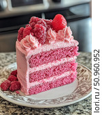 Close-up of a juicy raspberry cake with delicate cream and fresh berries. The three-layer dessert is decorated with whipped pink rosettes, raspberries and strawberries. The bright and appetizing composition is served on an elegant porcelain plate against the background of a home interior. Ideal for the themes of gastronomy, cooking, dessert recipes, holidays and a cozy atmosphere. Стоковое AI-изображение, AI-художник Анна Кривицкая / Фотобанк Лори
