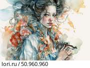 Watercolor portrait of a girl with a vintage pistol in her hand. Her gaze is piercing and thoughtful, her hair is disheveled, as if caught by the wind. The clothes are decorated with bright flowers, as if they are blooming directly from the fabric. Warm and cool shades of watercolor are harmoniously combined, creating a dreamy and slightly dramatic atmosphere. The illustration is ideal for book design, magazines, posters, album covers, as well as a design element in decorative projects. Стоковое AI-изображение, AI-художник Анна Кривицкая / Фотобанк Лори