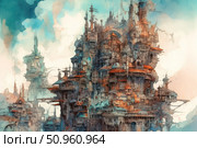 A fantastic city, depicted in watercolor, floats among the clouds. The architecture combines elements of steampunk, fantasy and utopian future. Towers, bridges and labyrinths of buildings form a complex structure, as if growing out of a dream. The color palette is soft, with a predominance of turquoise and terracotta shades, which gives the image a sense of magic and unreality. Ideal for book, game, poster or cover design. Стоковое AI-изображение, AI-художник Анна Кривицкая / Фотобанк Лори