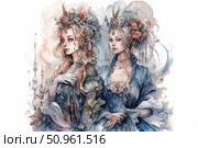 Watercolor illustration of two girls in fantasy outfits with exquisite hairstyles decorated with flowers, leaves and decorative elements. Their images combine features of Victorian fashion, mythology and fairy-tale aesthetics. Detailed dresses, delicate faces and dreamy atmosphere create the impression of a palace scene or a scene from a fairy tale. The work is full of symbolism, harmony and artistic sophistication. Стоковое AI-изображение, AI-художник Анна Кривицкая / Фотобанк Лори