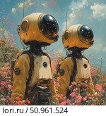 A fantastic digital illustration of two astronauts in yellow spacesuits standing in a flowering field under a bright sky. The helmets reflect the starry sky, creating the feeling that they are not just explorers, but wanderers between worlds. The contrast between high technology and natural beauty emphasizes the atmosphere of dreams, harmony and adventure. The work is made in the style of science fiction with elements of digital painting and symbolism. Стоковое AI-изображение, AI-художник Анна Кривицкая / Фотобанк Лори