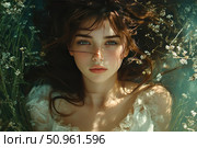 Portrait of a young girl with expressive green eyes and freckles, lying among delicate wildflowers. Soft light and shadows play on her face, creating an atmosphere of dreaminess and peace. An airy dress with lace emphasizes the tenderness of the image, and disheveled hair and a natural background add a sense of naturalness and freedom. Ideal for the themes of love, nature, youth, beauty and femininity. Стоковое AI-изображение, AI-художник Анна Кривицкая / Фотобанк Лори
