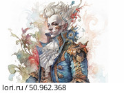 Watercolor portrait of an aristocrat in the Baroque style with fantasy elements. A man in a luxurious blue waistcoat with a lace jabot decorated with flowers is presented against a background of graceful plant curls and watercolor spots. His hair is solemnly raised upwards, emphasizing the eccentric character of the character. Ideal for themes related to fashion history, fantasy art, characters for games and books, theater costumes and watercolor graphics. Стоковое AI-изображение, AI-художник Анна Кривицкая / Фотобанк Лори