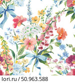 Watercolor and Gouache floral pattern with poppy, foxglove, chicory and buttercups seamless vintage bouquet with blue ribbons and colorful wildflowers on white background. Hand-painted romantic design inspired by Renaissance style, perfect for wallpaper, textile prints, wedding decor, and feminine interior projects. Стоковая иллюстрация, иллюстратор Анастасия Лембрик / Фотобанк Лори