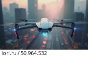 Surveillance Drone Hovering and Panning Over Urban Cityscape at Sunset 4K. Стоковое AI-видео, аниматор Николай Вдовиченко / Фотобанк Лори