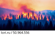 Devastating forestfire with tall trees engulfed in flames, and dark blue smoke in air, destruction concept. Стоковое AI-изображение, AI-художник Данила Большаков / Фотобанк Лори