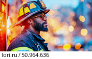 Portrait of a dedicated firefighter in protective gear, standing tall against a bokeh backdrop. Стоковое AI-изображение, AI-художник Данила Большаков / Фотобанк Лори