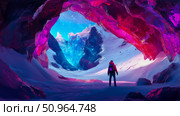 Concept: Frozen planet exploration; A lone figure surveys an icy cavern. Стоковое AI-изображение, AI-художник Данила Большаков / Фотобанк Лори