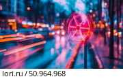 An abstract glowing wheel in a blurred neon city street at night, capturing urban energy and motion, suitable for digital art, banner, or screen backdrop. Стоковое AI-изображение, AI-художник Данила Большаков / Фотобанк Лори