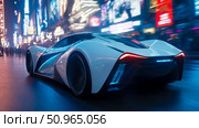 A futuristic electric hypercar speeding through a vibrant, neon-lit metropolis at night, showcasing advanced automotive concept and urban energy. Стоковое AI-изображение, AI-художник Данила Большаков / Фотобанк Лори