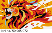 A layered abstract illustration of a majestic lion in a powerful roar, bursting with vibrant hues and dynamic forms, perfect for expressive wall art. Стоковое AI-изображение, AI-художник Данила Большаков / Фотобанк Лори