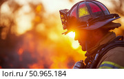 A courageous firefighter standing amidst a fiery haze, symbolizing protection and valor during an intense emergency mission, suitable for promotional material. Стоковое AI-изображение, AI-художник Данила Большаков / Фотобанк Лори