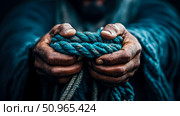 Close-up of weathered hands gripping a strong teal rope, symbolizing hard work and enduring human strength, useful for articles and advertisements. Стоковое AI-изображение, AI-художник Данила Большаков / Фотобанк Лори