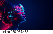 A captivating digital immersion, showcasing a futuristic user engaged with glowing cybernetic interface, for a concept of virtual reality. Стоковое AI-изображение, AI-художник Данила Большаков / Фотобанк Лори