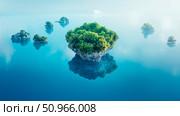 Concept: Tranquil floating island scenery; Design for relaxing desktop , card, and backgrounds featuring pristine turquoise water and lush green vegetation. Стоковое AI-изображение, AI-художник Данила Большаков / Фотобанк Лори