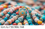 Bohemian Beadwork: A vibrant display of multicolored beads arranged in intricate patterns, adorned with an elaborate gold and turquoise sun disc pendant. Стоковое AI-изображение, AI-художник Данила Большаков / Фотобанк Лори