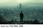 Solitary observer gazes upon a sprawling, hazy urban expanse from a desolate high ground, evoking a pensive and futuristic outlook. Стоковое AI-изображение, AI-художник Данила Большаков / Фотобанк Лори