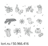 Зимний набор нарисованных от руки рождественских и новогодних элементов. Рождественские украшения, подарки, сладости. Черно-белая векторная иллюстрация. Winter Set of Hand Drawn Outline Christmas and New Year Elements. Christmas Decorations, Gifts, Treats. Black and White Vector illustration. Стоковая иллюстрация, иллюстратор AllNikArt / Фотобанк Лори