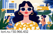A vibrant modern illustration depicting stylish women enjoying a lively urban summer day, ideal for web media, print collateral, or advertising campaign. Стоковое AI-изображение, AI-художник Данила Большаков / Фотобанк Лори