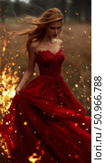 A dramatic portrait of a powerful woman in a shimmering red gown amidst a fiery, sparkling outdoor scene, evoking strength and mystique, suitable for enchanting digital artwork or fantasy story illus. Стоковое AI-изображение, AI-художник Данила Большаков / Фотобанк Лори