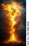 Blazing cosmic inferno ascending into a nebulous sky, showcasing incandescent particles and immense energy, suitable for captivating digital art. Стоковое AI-изображение, AI-художник Данила Большаков / Фотобанк Лори
