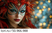 Enigmatic Woman in Opulent Feathered Mask with Glittering Adornments, Perfect for Grand Masquerade Celebration or Festive Event. Стоковое AI-изображение, AI-художник Данила Большаков / Фотобанк Лори
