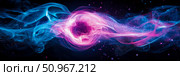 Abstract: Energy Flow and Intertwined Plasma Strands in Blues and Purples. Стоковое AI-изображение, AI-художник Данила Большаков / Фотобанк Лори