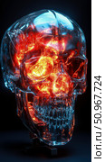 A Glimmering Glass Skull Containing a Volcanic Inferno and Electrical Blue Glow, Abstract Art Concept for Power and Danger. Стоковое AI-изображение, AI-художник Данила Большаков / Фотобанк Лори
