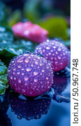 Vibrant Purple Fruits Glistening with Water Drops, a Refreshing Macro Study of Natural Wetness. Стоковое AI-изображение, AI-художник Данила Большаков / Фотобанк Лори